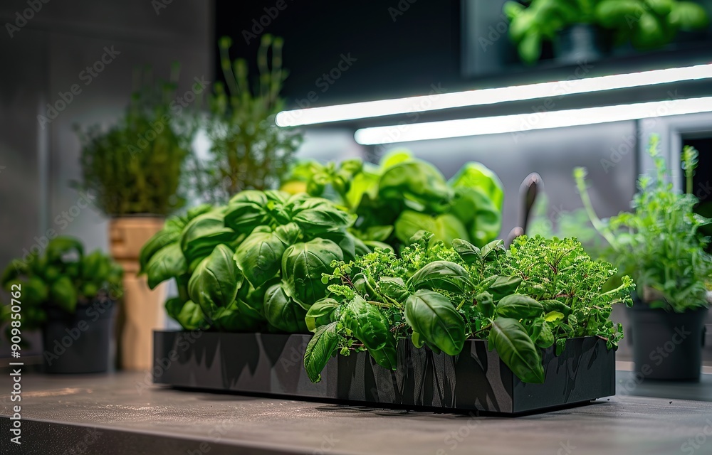 A modern, well-lit indoor garden with various plants growing under an LED light bar A modern, well-lit indoor garden with various plants growing under an LED light bar