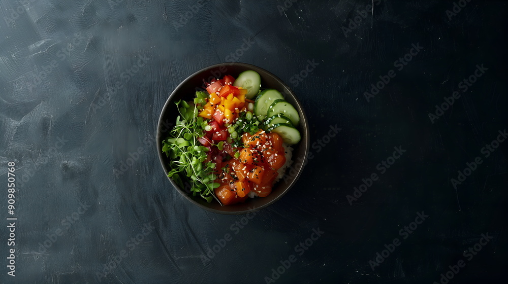 Poke bowl with basmati rice, salmon, green, cucumber and black sesame, on black background, top view, copy space, layout Poke bowl with basmati rice, salmon, green, cucumber and black sesame, on black background, top view, copy space, layout