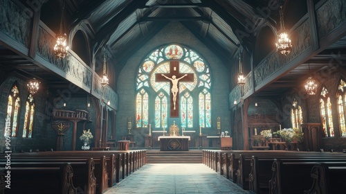 A beautifully decorated church interior with a large cross  intricate stained-glass windows  and ornate wooden pews