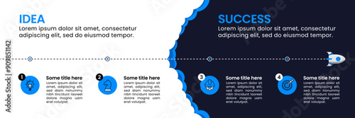 Infographic template. Horizontal line with rocket and 4 steps to success