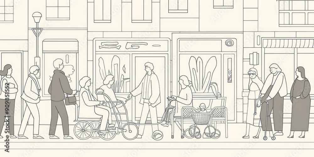 Obraz premium People walking and shopping on a city street.