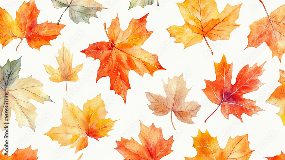 Watercolor painting of fall leaves in a pattern. Perfect for decorations or printing. Watercolor painting of fall leaves in a pattern. Perfect for decorations or printing.