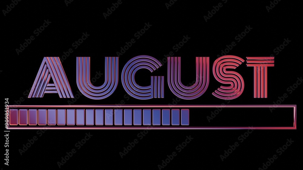 Obraz premium Neon August Text with Loading Bar on Black Background..
