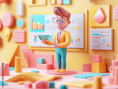 3D Cartoon Businessman Presenting Data.