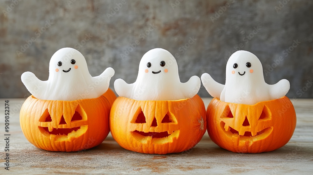Whimsical Scene of Smiling Ghosts with Colorful Pumpkins Whimsical Scene of Smiling Ghosts with Colorful Pumpkins