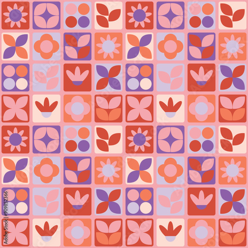 Geometric seamless floral eco pattern in pink palette. Natural mosaic background with flowers, plants in simple forms in a bauhaus style. Neo geo art. Scandinavian retro style. Patchwork