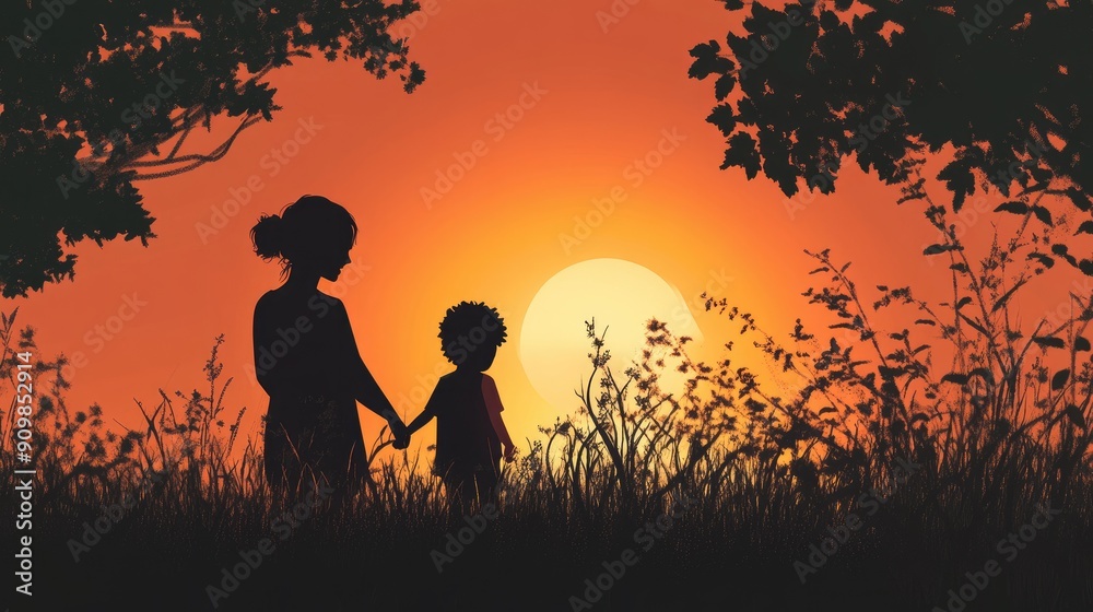 A heartwarming cartoon of a mother silhouette fading into a sunset, with her hand resting on her child's shoulder. A heartwarming cartoon of a mother silhouette fading into a sunset, with her hand resting on her child's shoulder.