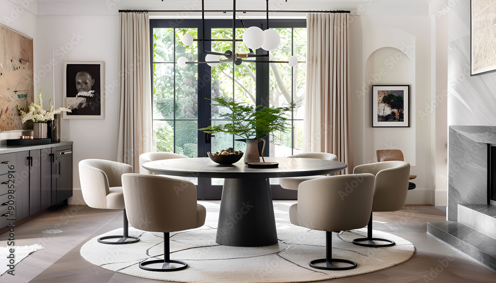 Modern dining space with round table upholstered chairs statement light fixture