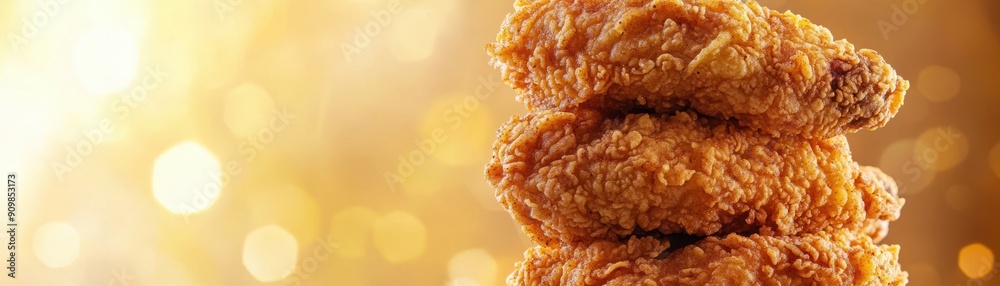 Crispy golden fried chicken wings stacked against a warm, blurred background. Crispy golden fried chicken wings stacked against a warm, blurred background.