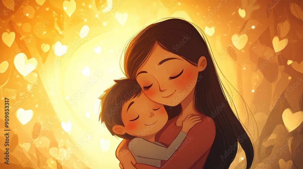 A loving cartoon of a mothers spirit as a warm embrace, enveloping her child with love. A loving cartoon of a mothers spirit as a warm embrace, enveloping her child with love.