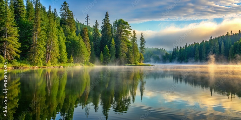 Serene morning atmosphere at Elk Lake in Michigan, with mist rising from calm water, surrounded by lush green forest and majestic pine trees. Serene morning atmosphere at Elk Lake in Michigan, with mist rising from calm water, surrounded by lush green forest and majestic pine trees.