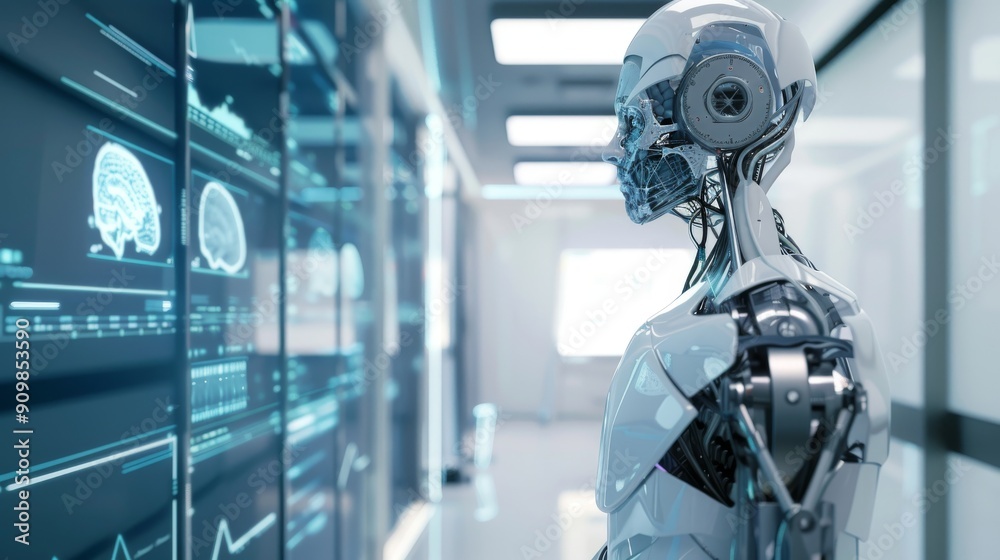 Fototapeta premium Futuristic Robot Analyzing Data on Digital Screens