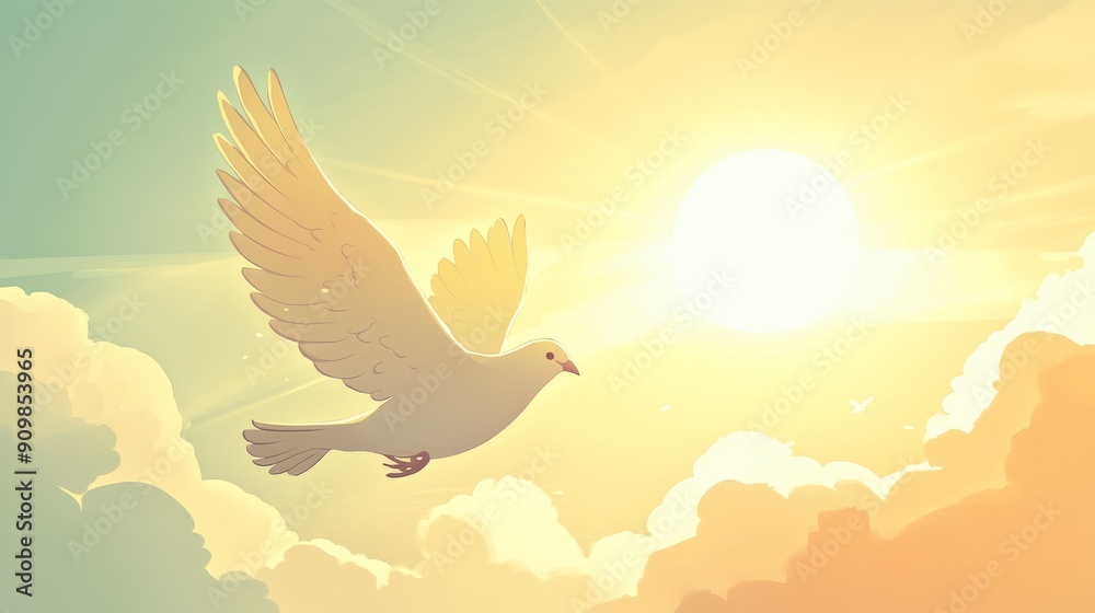 Naklejka premium A peaceful cartoon of a mother as a dove, flying towards a bright horizon, symbolizing peace and love.
