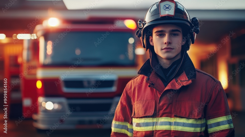 Portrait of a firefighter with a firetruck and fire station in the background Portrait of a firefighter with a firetruck and fire station in the background