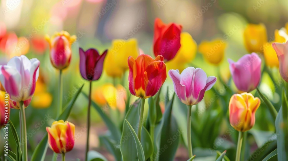 Colorful tulips bloom beautifully in a garden, showcasing a stunning array of hues during the vibrant spring season Colorful tulips bloom beautifully in a garden, showcasing a stunning array of hues during the vibrant spring season