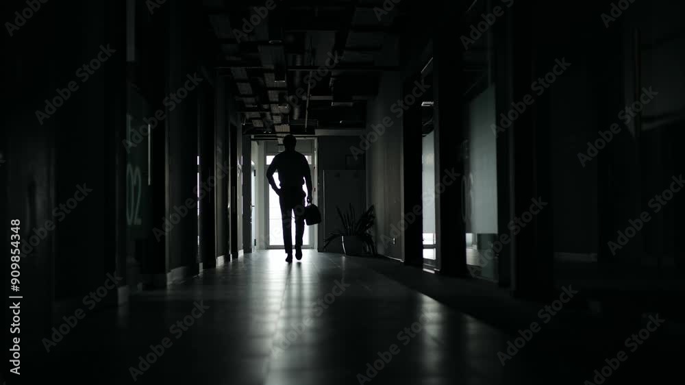 Silhouette of a businessman walking alone down a dark office hallway towards a bright window, exiting the building. Silhouette of a businessman walking alone down a dark office hallway towards a bright window, exiting the building.