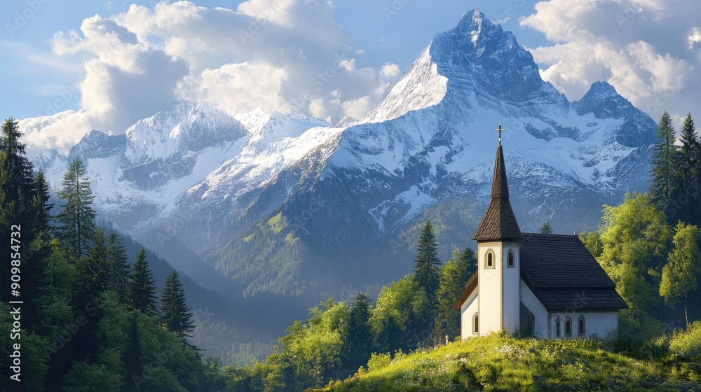 A picturesque mountain church with a cross on its steeple, surrounded by snow-capped peaks and lush greenery A picturesque mountain church with a cross on its steeple, surrounded by snow-capped peaks and lush greenery