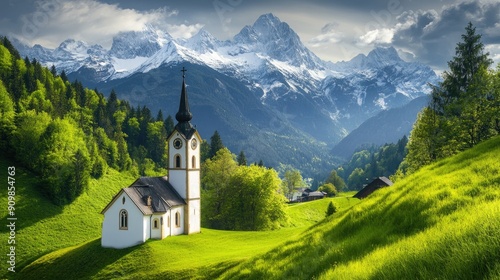 A picturesque mountain church with a cross on its steeple, surrounded by snow-capped peaks and lush greenery