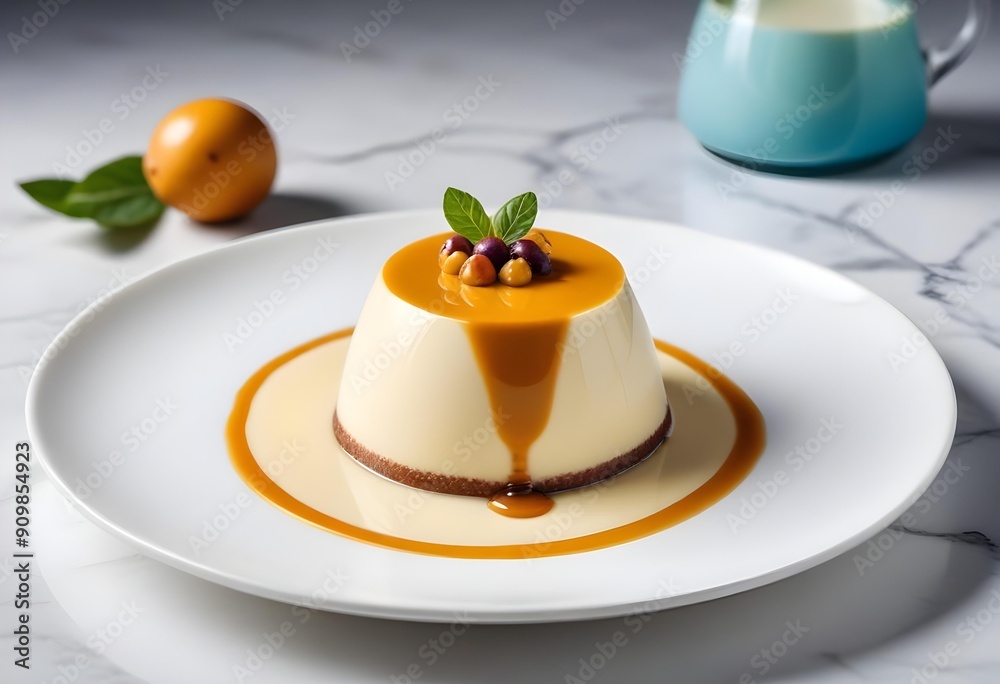 Delicious white cake with caramel glaze, garnished with fruit pieces and fresh mint. Delicious white cake with caramel glaze, garnished with fruit pieces and fresh mint.