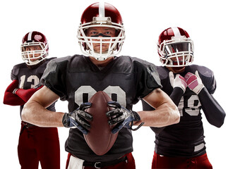 Group portrait of three men, American football players in uniform and helmet, posing with ball isolated on transparent background. Team. Concept of sport event, championship, tournament, game.