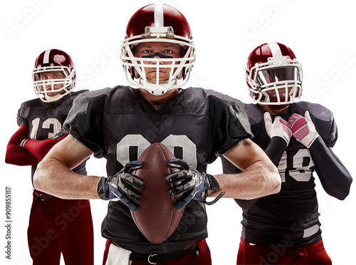 Fototapeta Naklejka Na Ścianę i Meble -  Group portrait of three men, American football players in uniform and helmet, posing with ball isolated on transparent background. Team. Concept of sport event, championship, tournament, game.