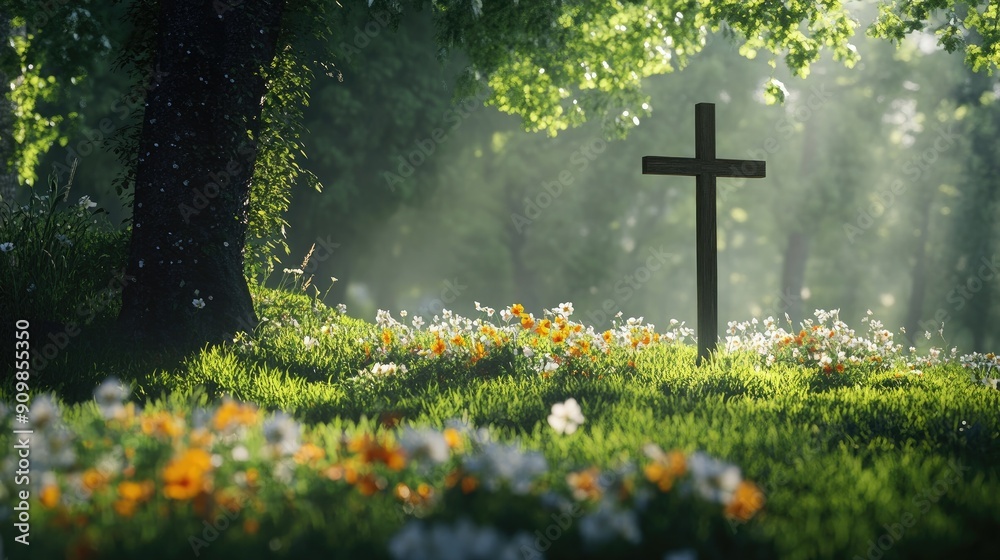 A serene churchyard with a simple wooden cross, blooming flowers, and a peaceful atmosphere