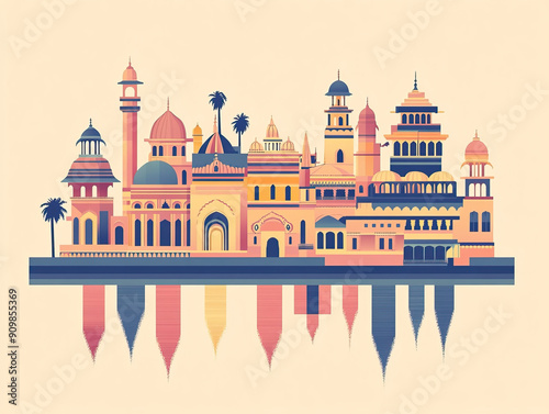 Risograph vibrant riso print travel poster, card, wallpaper or banner illustration, modern, isolated, clear, simple of Bhopal, India. Artistic, screen printing, stencil photo