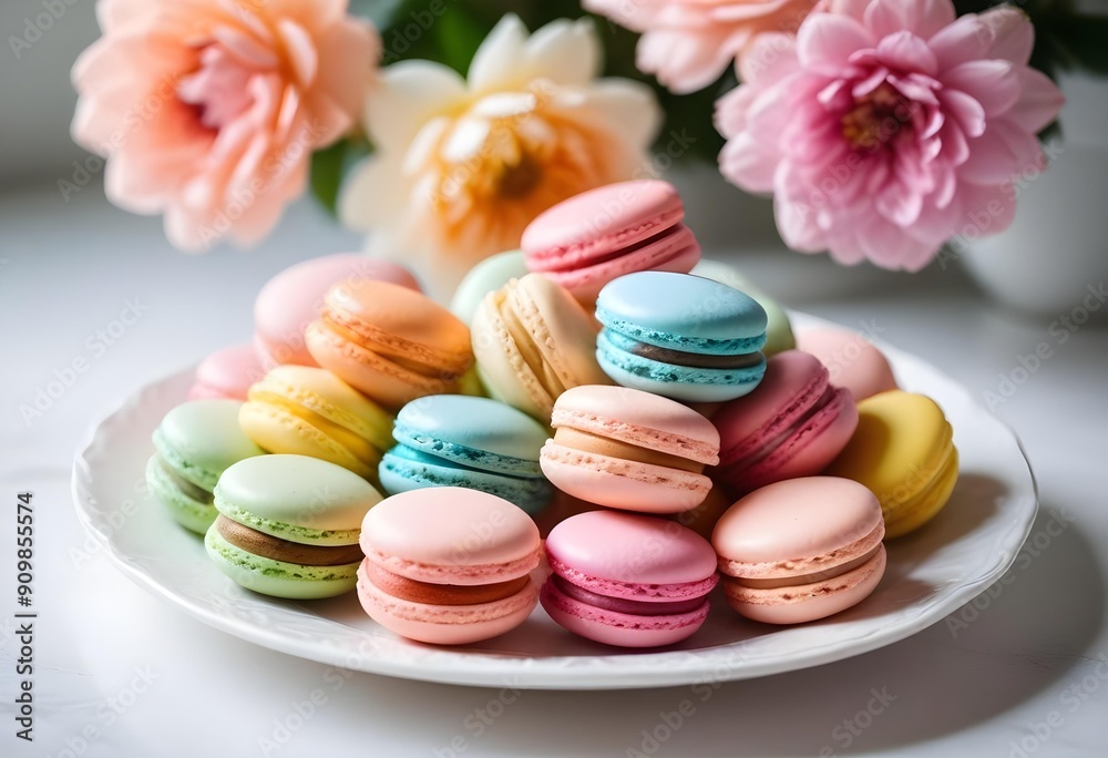Fototapeta premium Delicious, colorful pastel macarons, captured up close on a white plate.