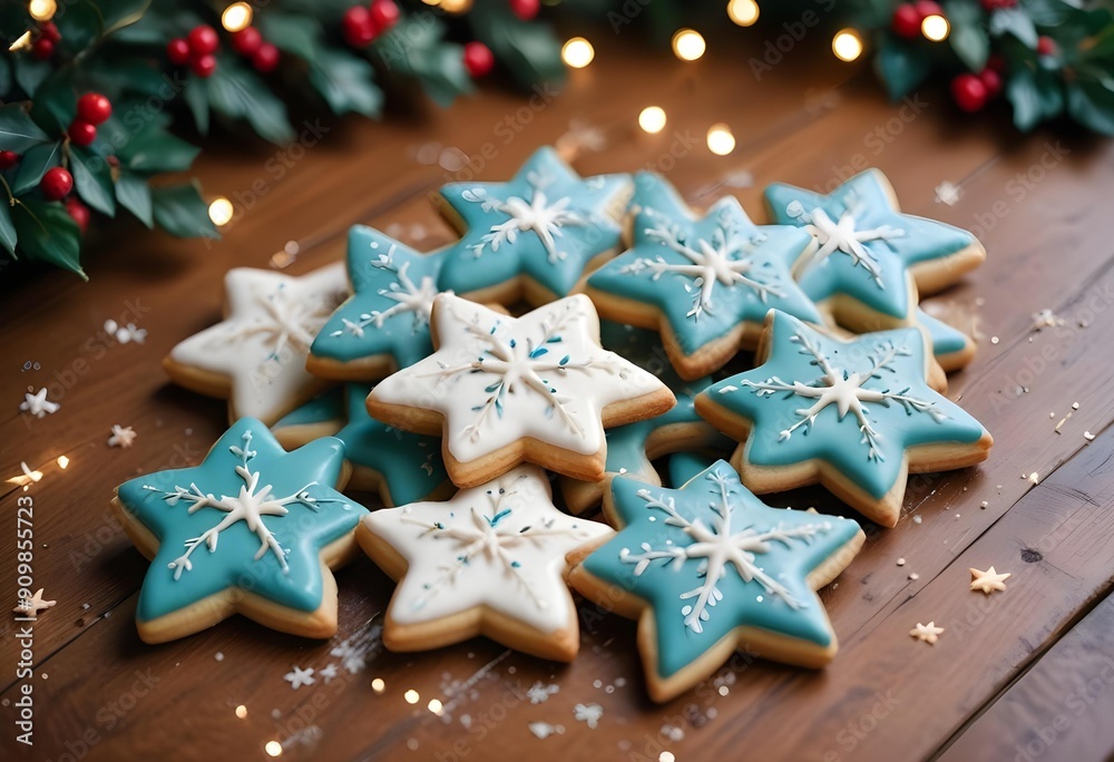 White and blue cookies and gingerbread arranged up close on a wooden countertop, surrounded by Christmas holiday decorations. White and blue cookies and gingerbread arranged up close on a wooden countertop, surrounded by Christmas holiday decorations.