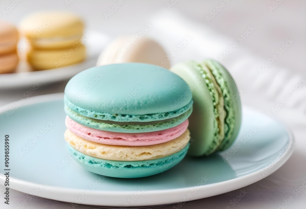 Colorful pastel macarons, captured up close, arranged on a light blue plate, ready to eat. Colorful pastel macarons, captured up close, arranged on a light blue plate, ready to eat.