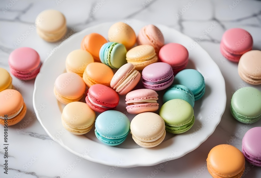 Colorful pastel macarons, delicious and ready to eat, presented on a white plate in a restaurant, café, or home setting. Perfect for promoting confectionery products. Colorful pastel macarons, delicious and ready to eat, presented on a white plate in a restaurant, café, or home setting. Perfect for promoting confectionery products.