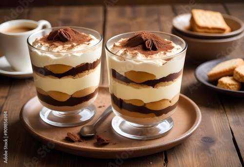 Delicious tiramisu elegantly presented, captured up close.