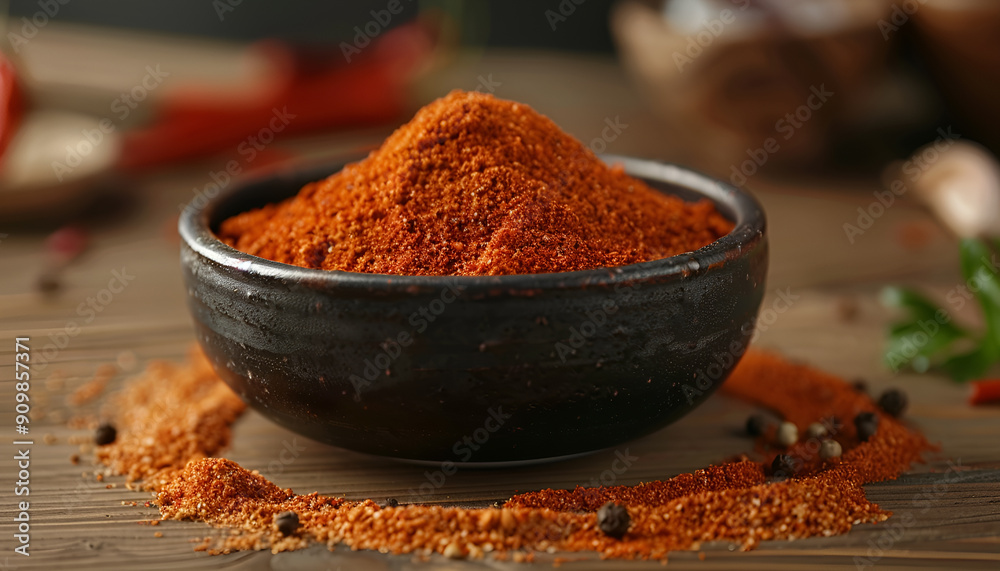 Bowl with aromatic paprika powder on wooden table, closeup Bowl with aromatic paprika powder on wooden table, closeup
