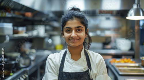 young indian female chef standing at restaurant kitchen