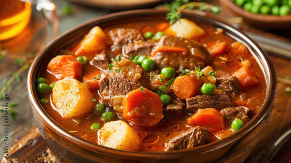 A warm bowl of hearty beef stew featuring tender meat, carrots, potatoes, and peas, nestled on a rustic wooden table with fresh herbs A warm bowl of hearty beef stew featuring tender meat, carrots, potatoes, and peas, nestled on a rustic wooden table with fresh herbs