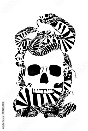 Card skull death with snakes, Halloween and Day of the dead background. Fashion, Mexican sugar skull