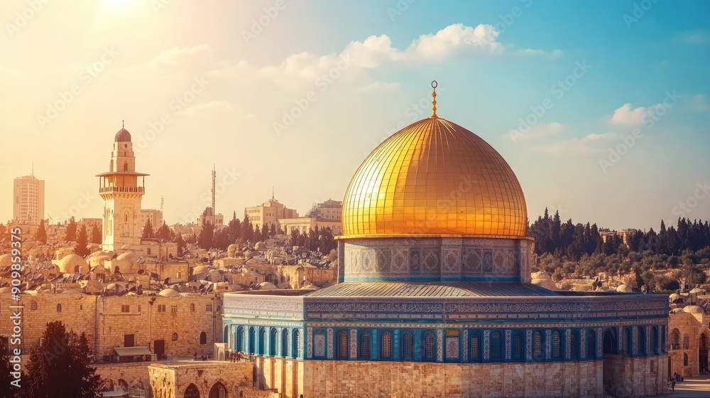 Fototapeta premium The iconic Dome of the Rock in Jerusalem, with its golden dome gleaming under a bright sun and historic buildings in the background.