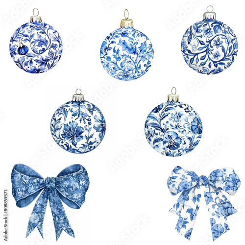 watercolor toile blue patterned Christmas ornament clipart isolated on a white background photo