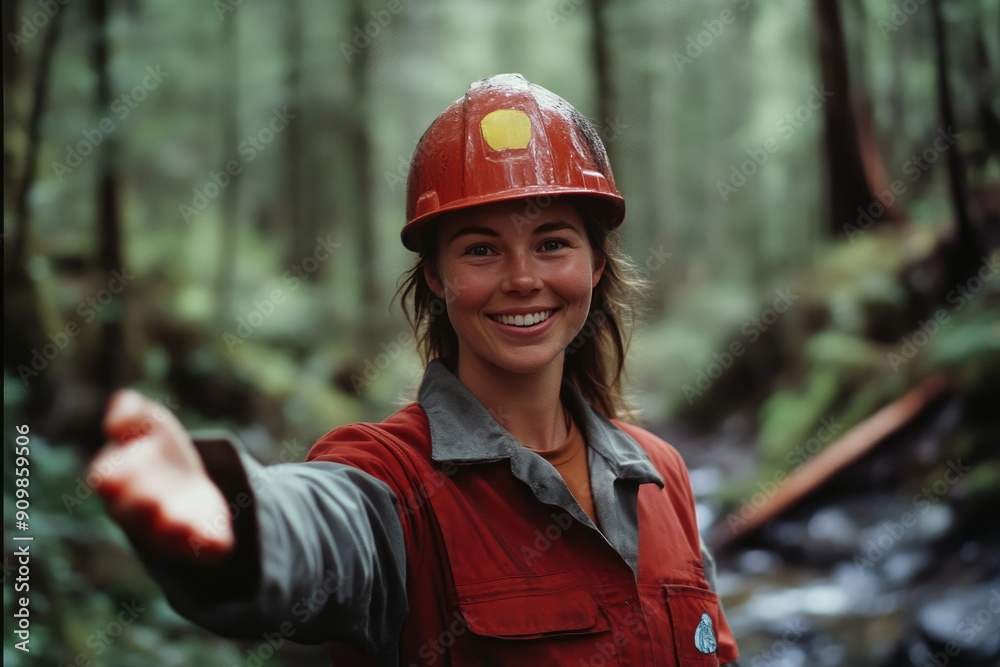 Cheerful Woman Miner Extending Hand for Greeting