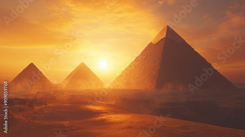 The mystical atmosphere of the Pyramids of Giza, with the Great Pyramid standing tall against a backdrop of a golden desert sunset.