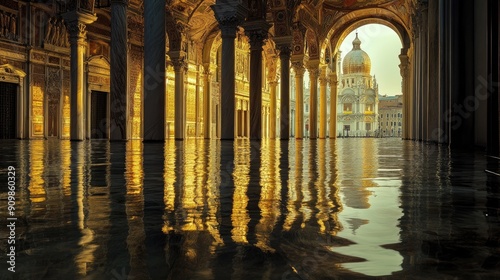 The peaceful atmosphere of the Basilica di San Marco in Venice  with its stunning Byzantine architecture reflected in the surrounding water.