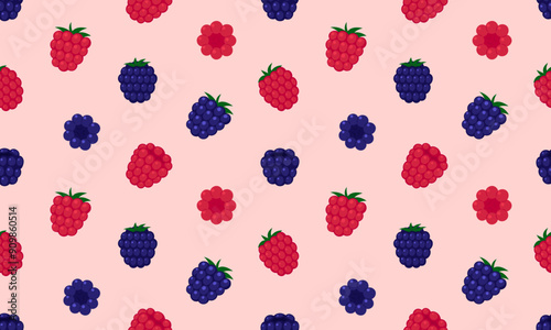 Seamless pattern with raspberry and blackberry. Fresh summer juicy berry background. Flat Vector illustration 