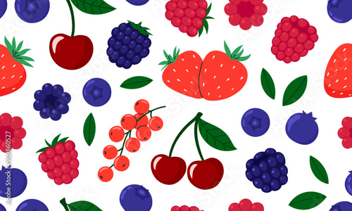 Seamless pattern with Berries. Cherry, raspberry, blueberry, blackberry, strawberry. Fresh summer juicy berry background. Flat Vector illustration