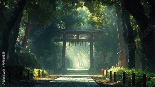 The peaceful surroundings of the Meiji Shrine in Tokyo, with its towering torii gate and lush forested grounds. photo