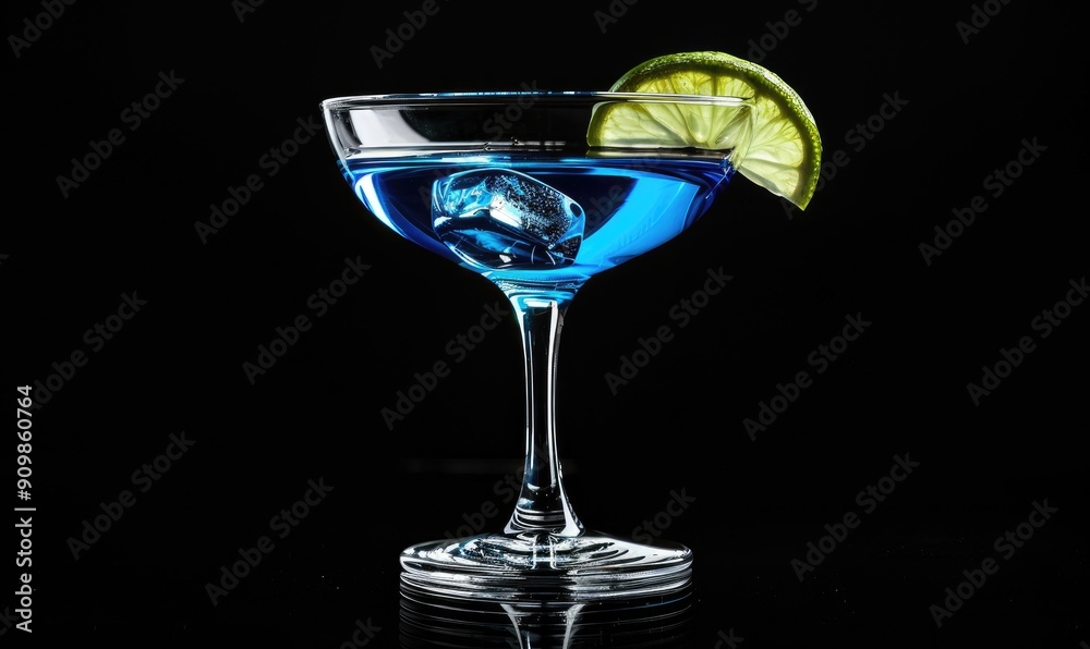 An elegant martini glass filled with a vibrant blue cocktail is garnished with a twist of lime, set against a dark, sophisticated background An elegant martini glass filled with a vibrant blue cocktail is garnished with a twist of lime, set against a dark, sophisticated background
