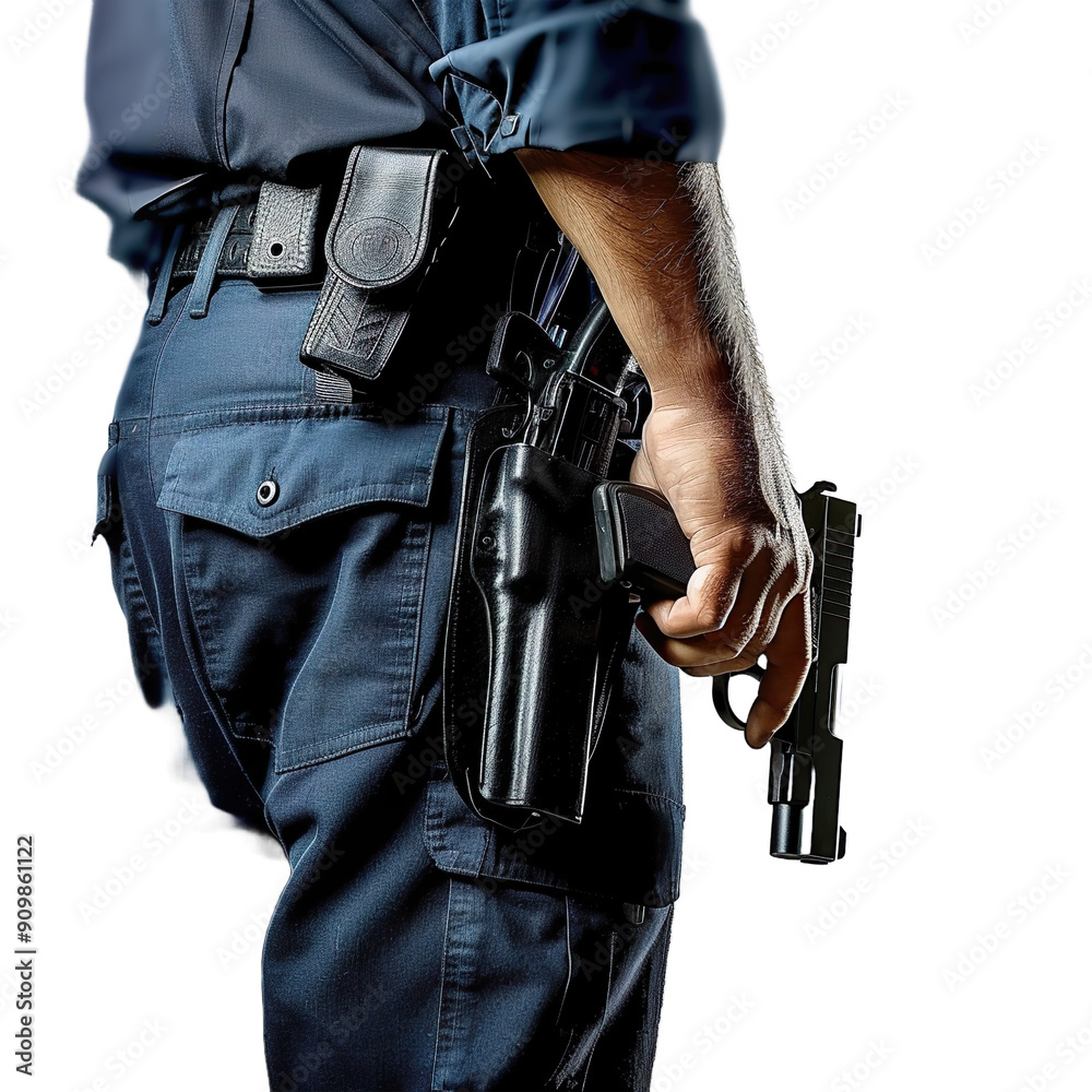 Police Officer with a Hand on a Holstered Gun on a white background. Police Officer with a Hand on a Holstered Gun on a white background.