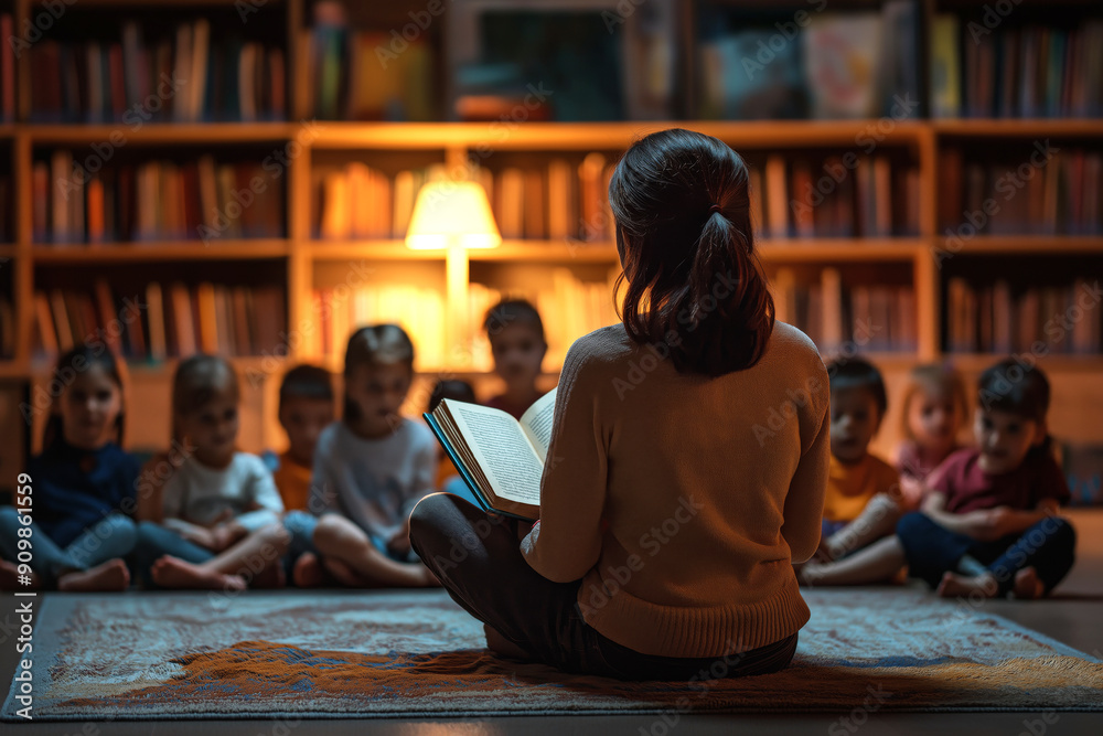 A female teacher reading a book in front of a class, with children sitting on a carpet around her in the background of bookshelves with children's books. A female teacher reading a book in front of a class, with children sitting on a carpet around her in the background of bookshelves with children's books.