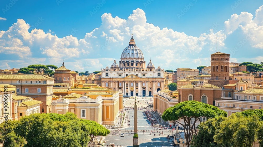 Obraz premium The stunning view of the Vatican City, with St. Peter's Basilica dominating the skyline under a bright, cloudless sky.