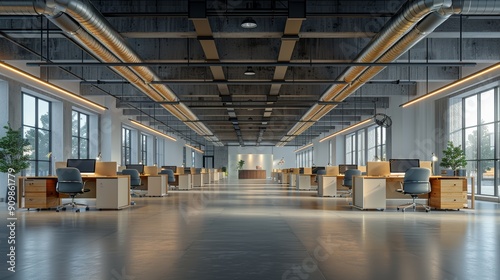 Modern Open-Plan Office Space With Workstations and Natural Light During Daylight Hours