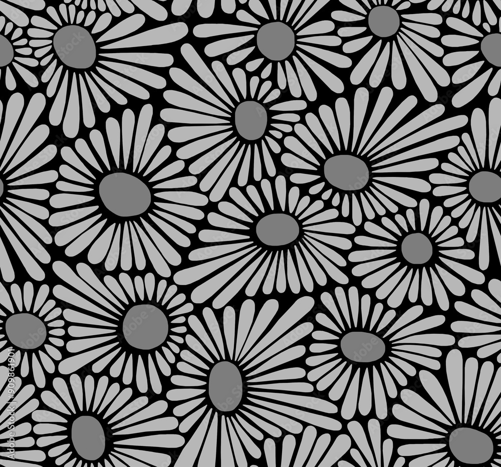 A drawing of large daisies close to each other in gray tones drawn by hand.Seamless pattern. A drawing of large daisies close to each other in gray tones drawn by hand.Seamless pattern.